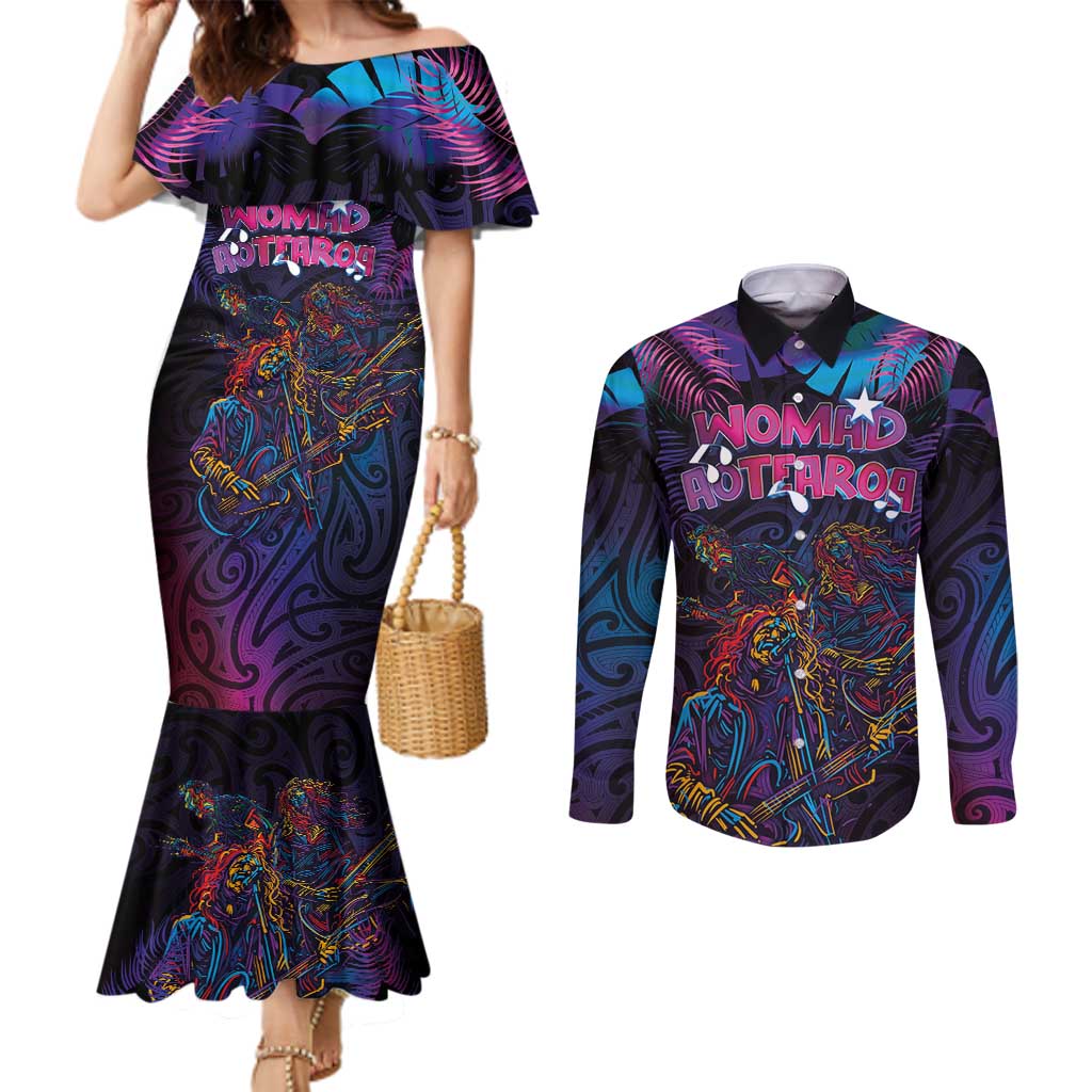 Aotearoa Arts Festival 2025 Couples Matching Mermaid Dress and Long Sleeve Button Shirt Maori Performing Art and Music - Rhythmic Vibes LT03 Black - Polynesian Pride