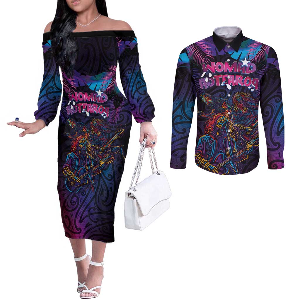 Aotearoa Arts Festival 2025 Couples Matching Off The Shoulder Long Sleeve Dress and Long Sleeve Button Shirt Maori Performing Art and Music - Rhythmic Vibes LT03 Black - Polynesian Pride