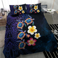Hawaiian Turtles and Plumeria Bedding Set Polynesian Art Tribal Tattoo Dark Aqua Color