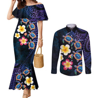 Hawaiian Turtles and Plumeria Couples Matching Mermaid Dress and Long Sleeve Button Shirt Polynesian Art Tribal Tattoo Dark Aqua Color LT03 Blue - Polynesian Pride