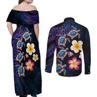 Hawaiian Turtles and Plumeria Couples Matching Off Shoulder Maxi Dress and Long Sleeve Button Shirt Polynesian Art Tribal Tattoo Dark Aqua Color LT03 - Polynesian Pride