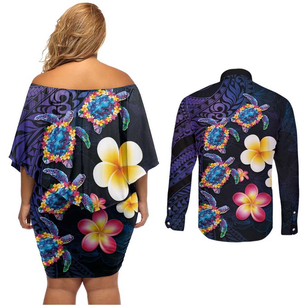 Hawaiian Turtles and Plumeria Couples Matching Off Shoulder Short Dress and Long Sleeve Button Shirt Polynesian Art Tribal Tattoo Dark Aqua Color LT03 - Polynesian Pride
