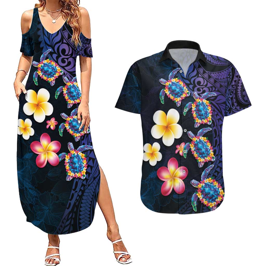 Hawaiian Turtles and Plumeria Couples Matching Summer Maxi Dress and Hawaiian Shirt Polynesian Art Tribal Tattoo Dark Aqua Color LT03 Blue - Polynesian Pride