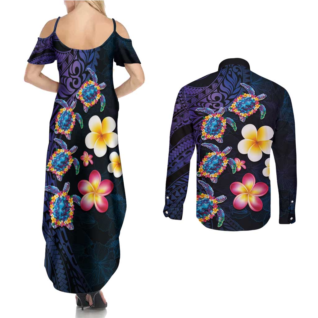 Hawaiian Turtles and Plumeria Couples Matching Summer Maxi Dress and Long Sleeve Button Shirt Polynesian Art Tribal Tattoo Dark Aqua Color LT03 - Polynesian Pride