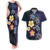 Hawaiian Turtles and Plumeria Couples Matching Tank Maxi Dress and Hawaiian Shirt Polynesian Art Tribal Tattoo Dark Aqua Color LT03 Blue - Polynesian Pride