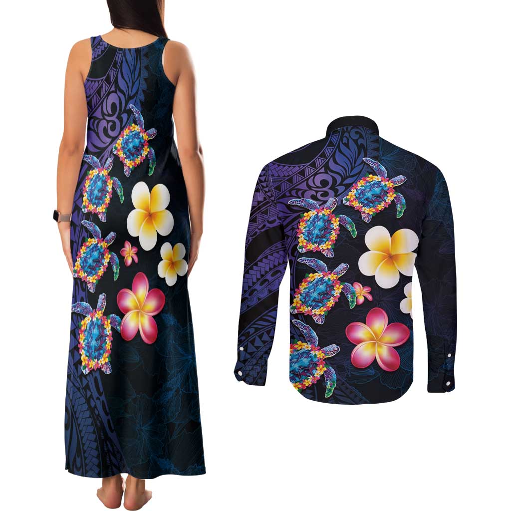 Hawaiian Turtles and Plumeria Couples Matching Tank Maxi Dress and Long Sleeve Button Shirt Polynesian Art Tribal Tattoo Dark Aqua Color LT03 - Polynesian Pride