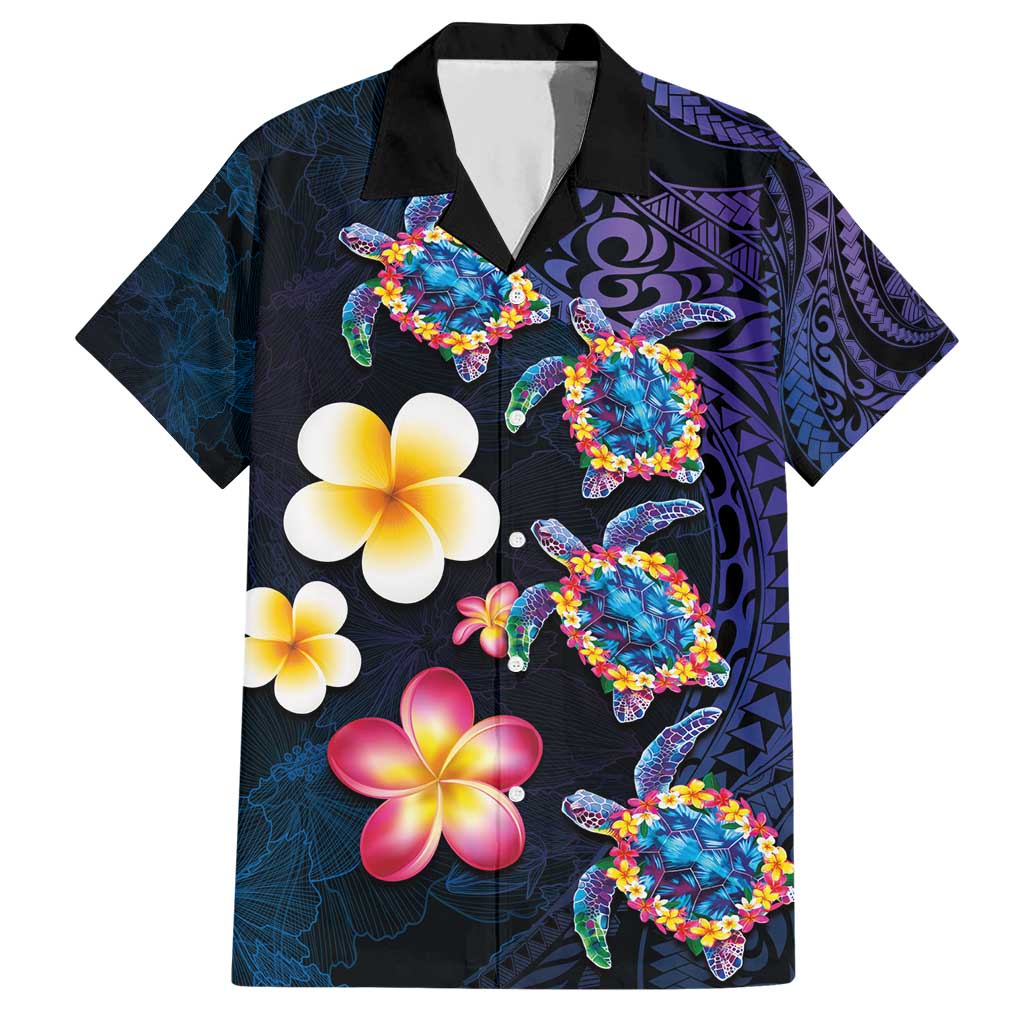 Hawaiian Turtles and Plumeria Hawaiian Shirt Polynesian Art Tribal Tattoo Dark Aqua Color