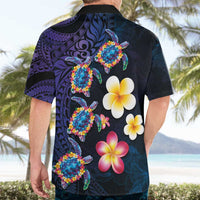 Hawaiian Turtles and Plumeria Hawaiian Shirt Polynesian Art Tribal Tattoo Dark Aqua Color