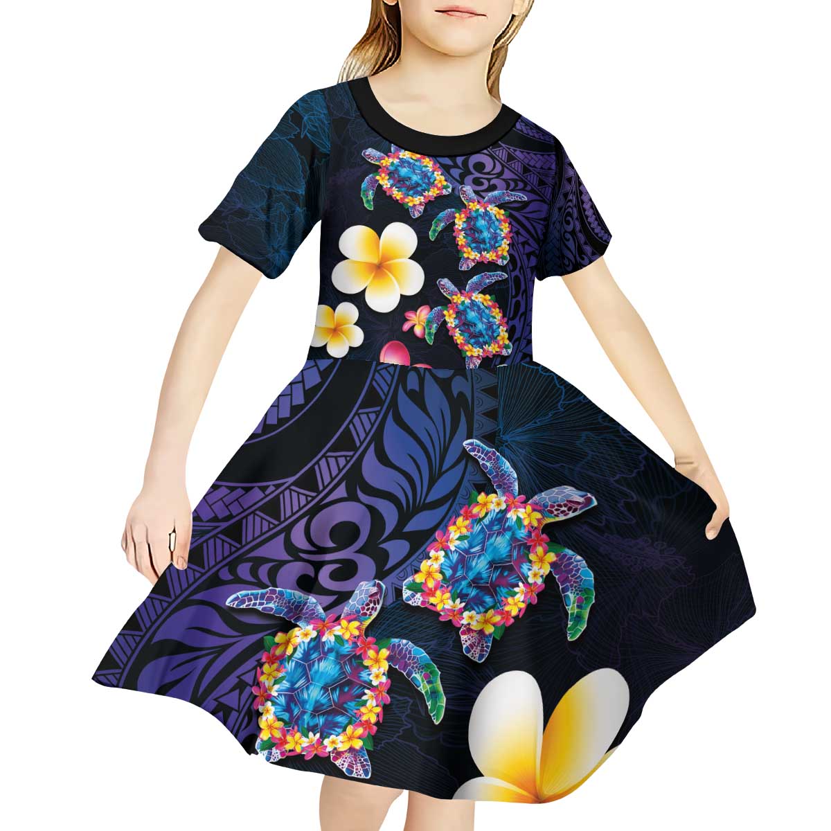 Hawaiian Turtles and Plumeria Kid Short Sleeve Dress Polynesian Art Tribal Tattoo Dark Aqua Color