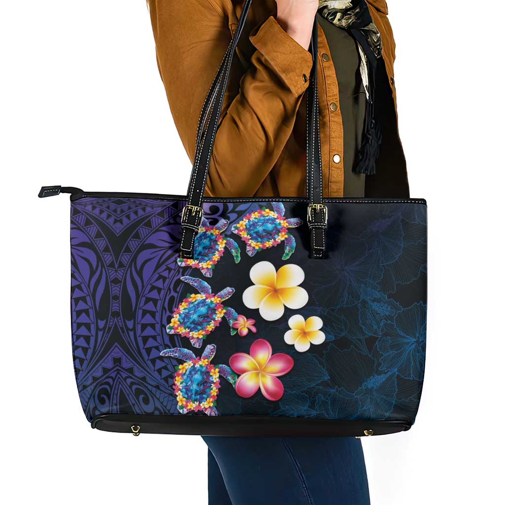Hawaiian Turtles and Plumeria Leather Tote Bag Polynesian Art Tribal Tattoo Dark Aqua Color LT03 - Polynesian Pride