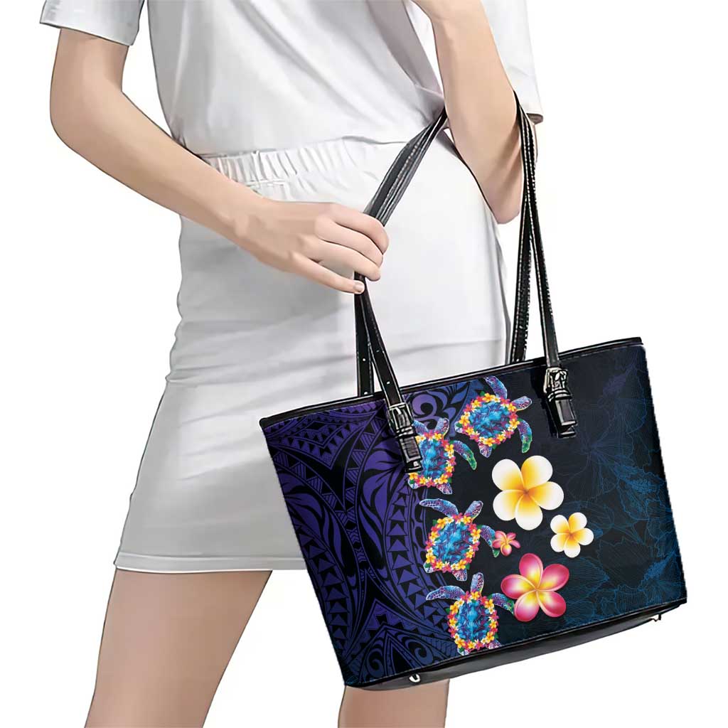 Hawaiian Turtles and Plumeria Leather Tote Bag Polynesian Art Tribal Tattoo Dark Aqua Color LT03 - Polynesian Pride