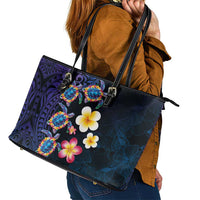 Hawaiian Turtles and Plumeria Leather Tote Bag Polynesian Art Tribal Tattoo Dark Aqua Color LT03 - Polynesian Pride