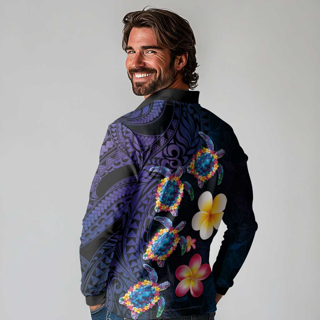 Hawaiian Turtles and Plumeria Long Sleeve Polo Shirt Polynesian Art Tribal Tattoo Dark Aqua Color LT03 - Polynesian Pride
