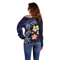 Hawaiian Turtles and Plumeria Off Shoulder Sweater Polynesian Art Tribal Tattoo Dark Aqua Color