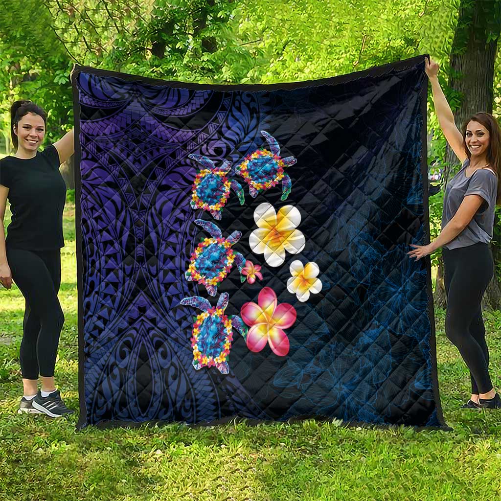 Hawaiian Turtles and Plumeria Quilt Polynesian Art Tribal Tattoo Dark Aqua Color
