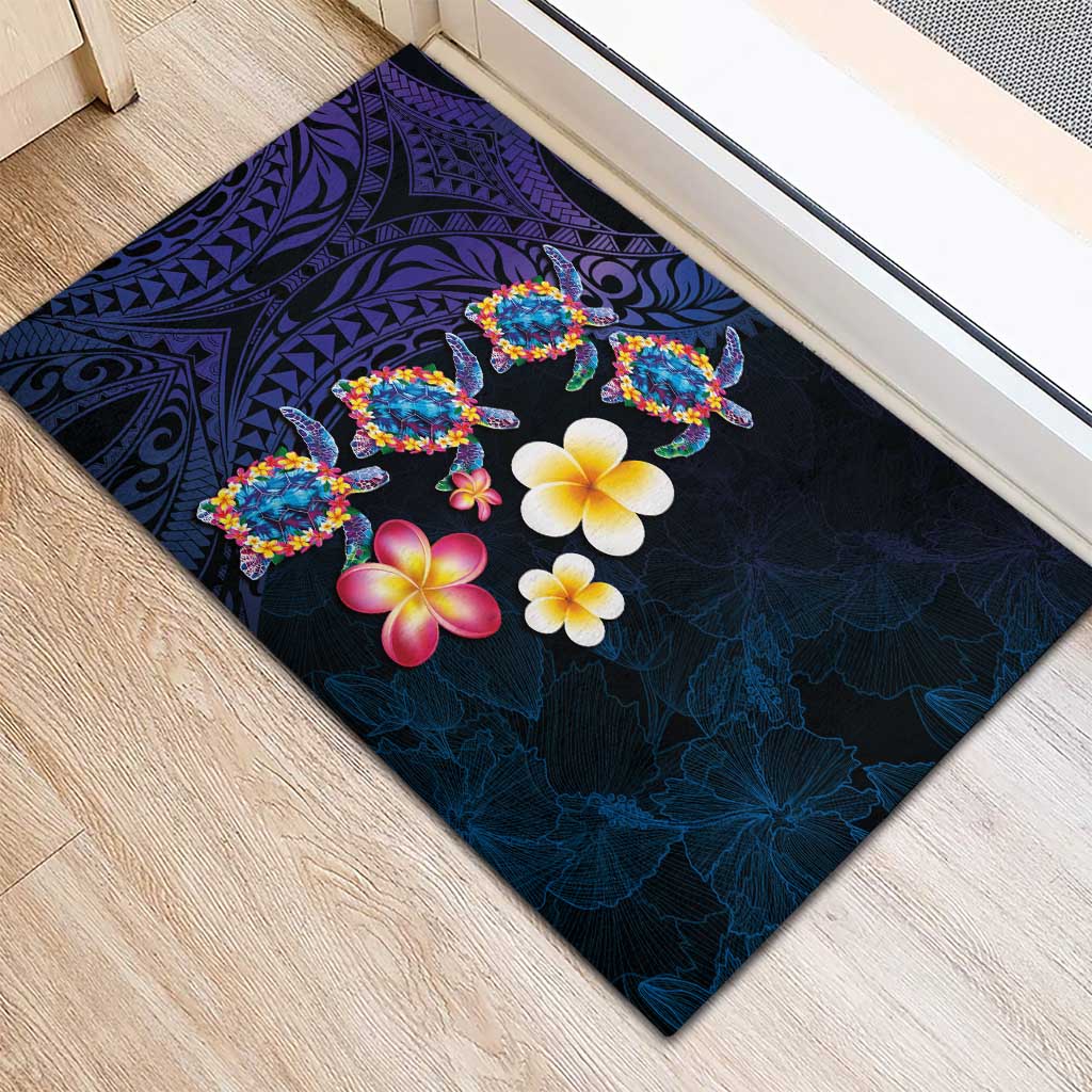 Hawaiian Turtles and Plumeria Rubber Doormat Polynesian Art Tribal Tattoo Dark Aqua Color LT03 - Polynesian Pride