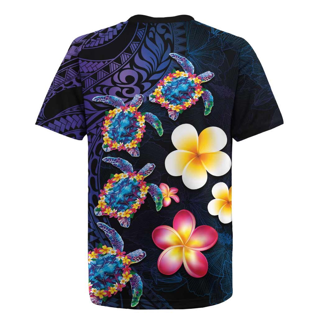 Hawaiian Turtles and Plumeria Rugby Jersey Polynesian Art Tribal Tattoo Dark Aqua Color LT03 - Polynesian Pride