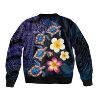 Hawaiian Turtles and Plumeria Sleeve Zip Bomber Jacket Polynesian Art Tribal Tattoo Dark Aqua Color