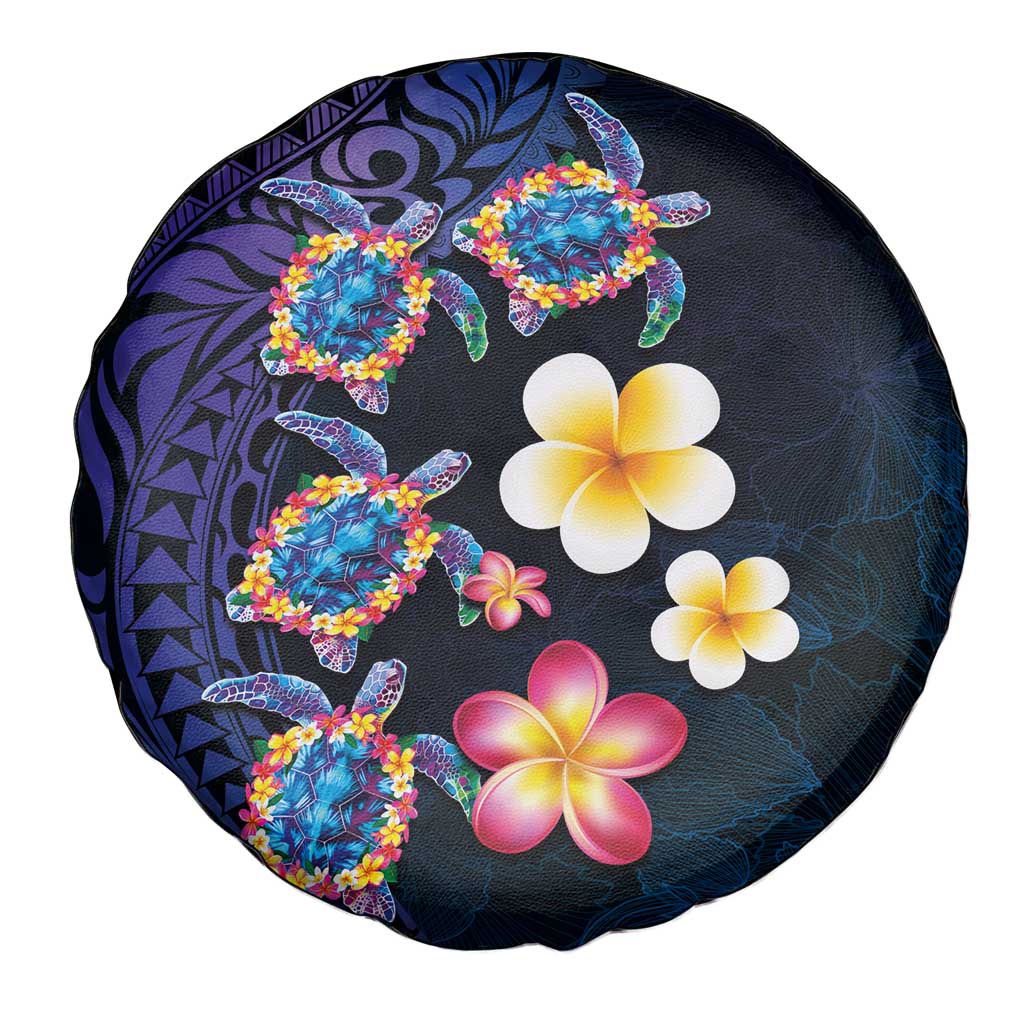 Hawaiian Turtles and Plumeria Spare Tire Cover Polynesian Art Tribal Tattoo Dark Aqua Color