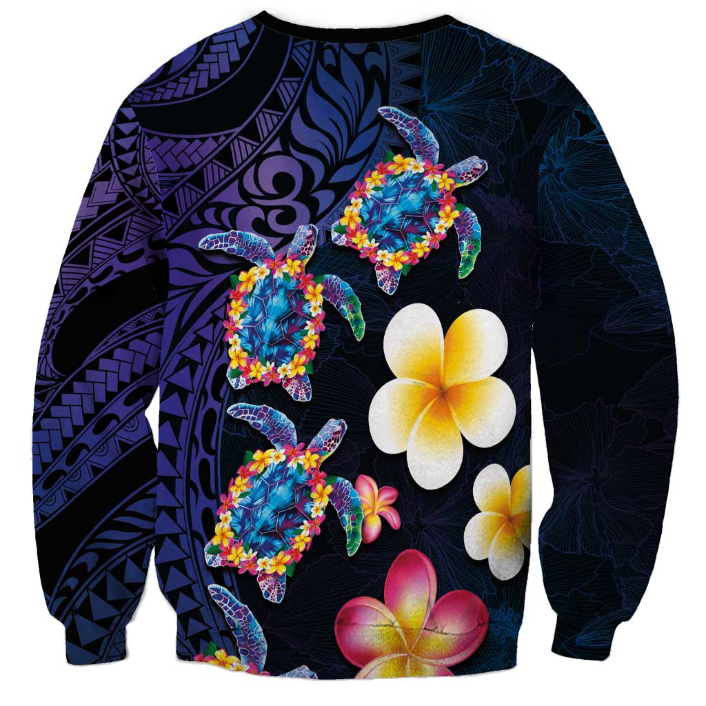 Hawaiian Turtles and Plumeria Sweatshirt Polynesian Art Tribal Tattoo Dark Aqua Color LT03 - Polynesian Pride