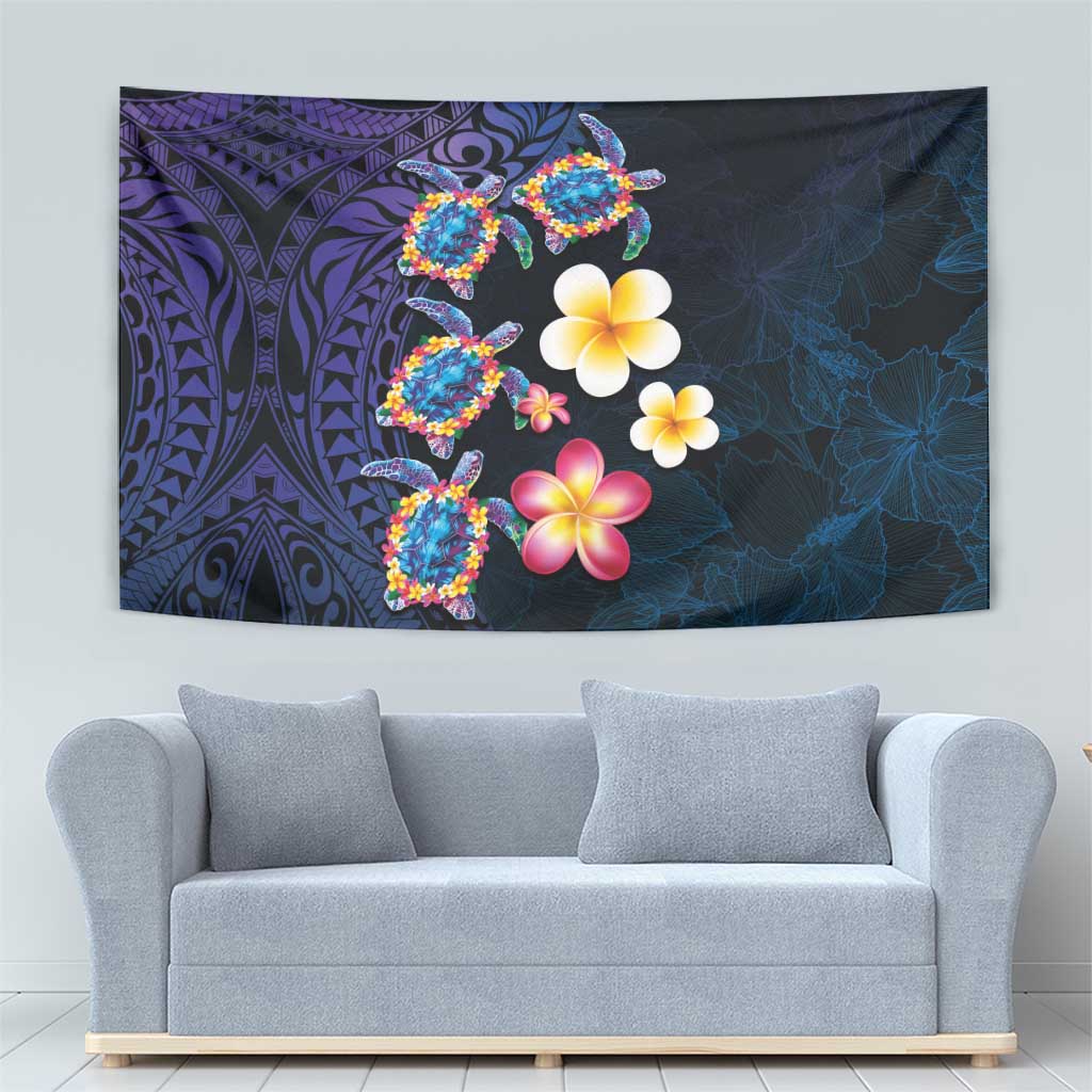 Hawaiian Turtles and Plumeria Tapestry Polynesian Art Tribal Tattoo Dark Aqua Color