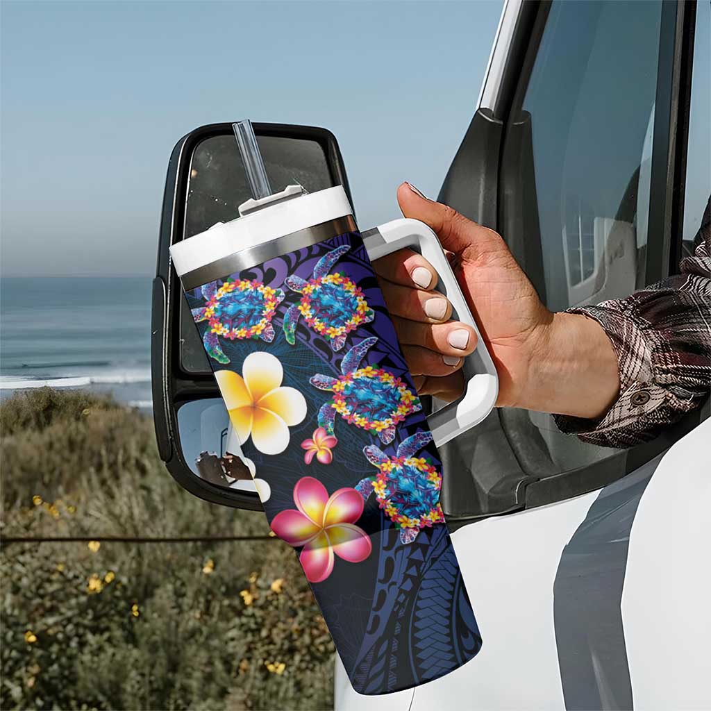Hawaiian Turtles and Plumeria Tumbler With Handle Polynesian Art Tribal Tattoo Dark Aqua Color