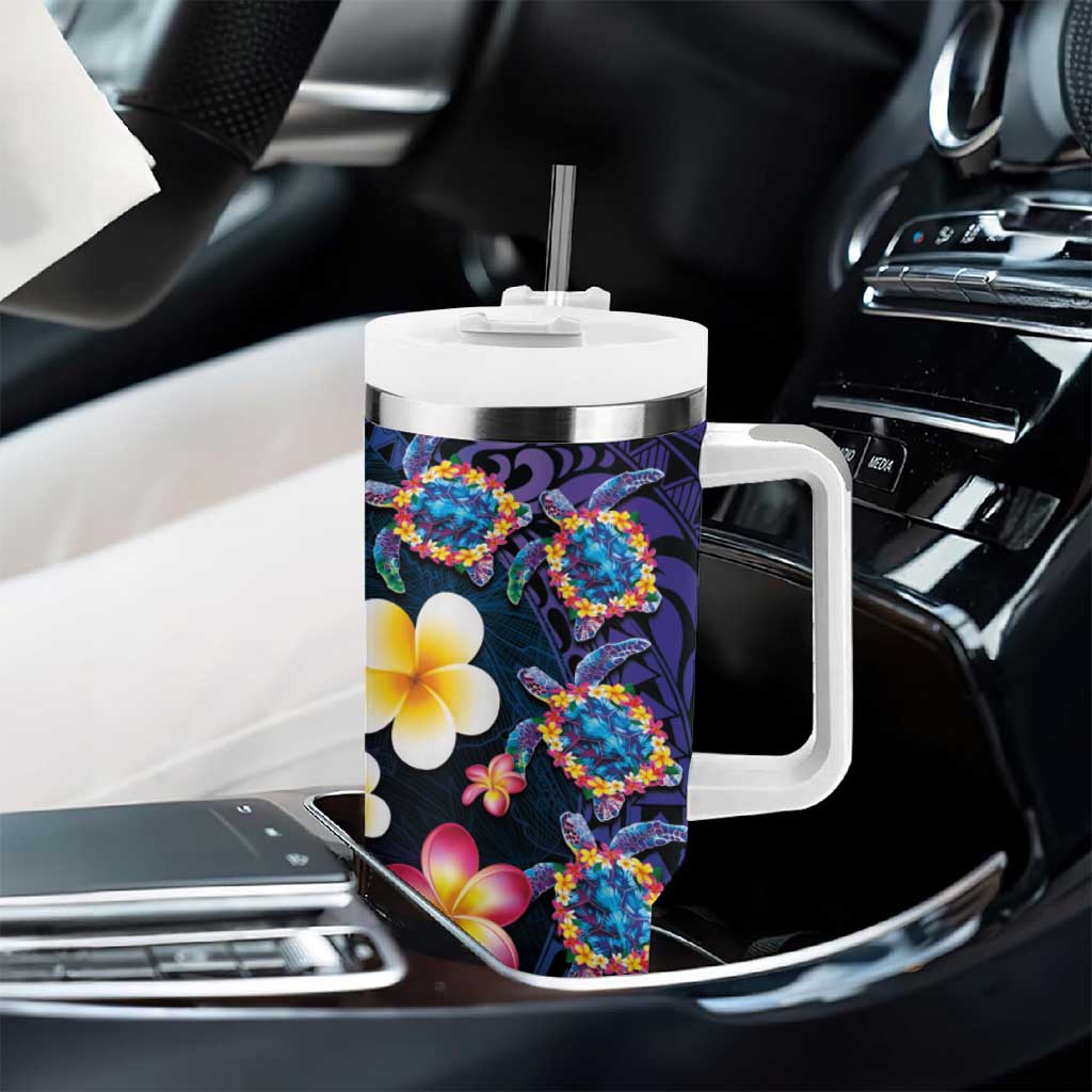Hawaiian Turtles and Plumeria Tumbler With Handle Polynesian Art Tribal Tattoo Dark Aqua Color