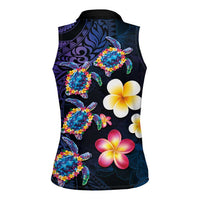 Hawaiian Turtles and Plumeria Women Sleeveless Polo Shirt Polynesian Art Tribal Tattoo Dark Aqua Color LT03 - Polynesian Pride