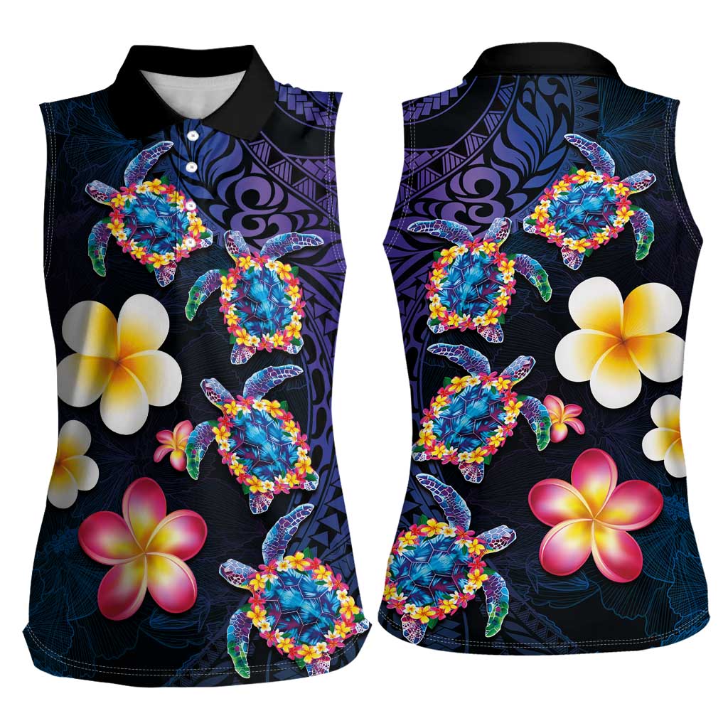 Hawaiian Turtles and Plumeria Women Sleeveless Polo Shirt Polynesian Art Tribal Tattoo Dark Aqua Color LT03 - Polynesian Pride