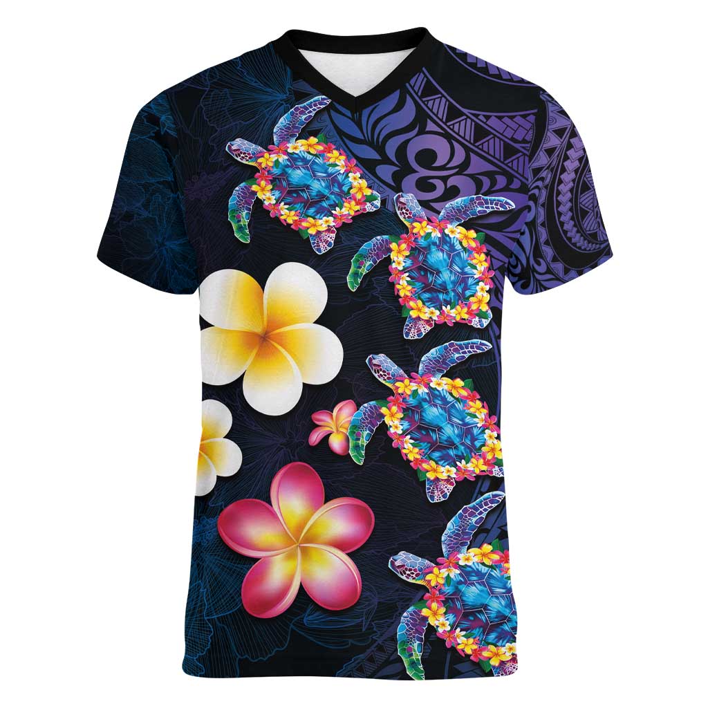Hawaiian Turtles and Plumeria Women V-Neck T-Shirt Polynesian Art Tribal Tattoo Dark Aqua Color LT03 Female Blue - Polynesian Pride