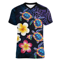 Hawaiian Turtles and Plumeria Women V-Neck T-Shirt Polynesian Art Tribal Tattoo Dark Aqua Color LT03 Female Blue - Polynesian Pride