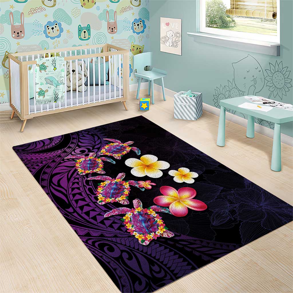 Hawaiian Turtles and Plumeria Area Rug Polynesian Art Tribal Tattoo Deep Violet Color