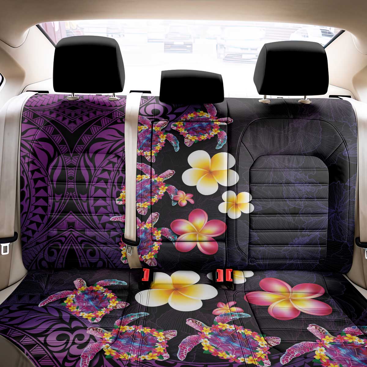 Hawaiian Turtles and Plumeria Back Car Seat Cover Polynesian Art Tribal Tattoo Deep Violet Color