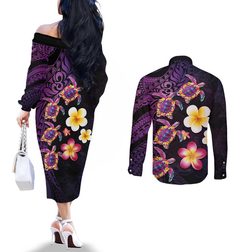 Hawaiian Turtles and Plumeria Couples Matching Off The Shoulder Long Sleeve Dress and Long Sleeve Button Shirt Polynesian Art Tribal Tattoo Deep Violet Color LT03 - Polynesian Pride