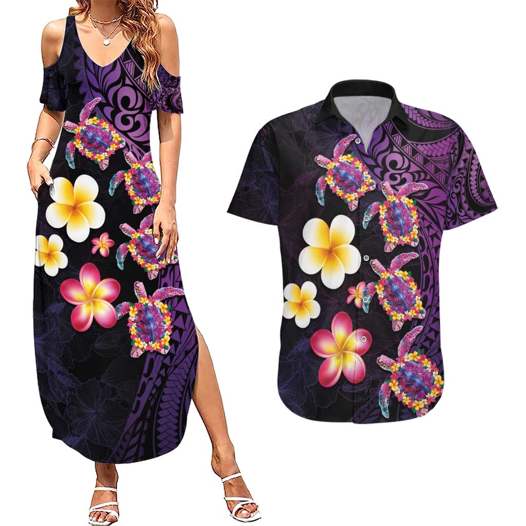 Hawaiian Turtles and Plumeria Couples Matching Summer Maxi Dress and Hawaiian Shirt Polynesian Art Tribal Tattoo Deep Violet Color LT03 Purple - Polynesian Pride