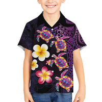Hawaiian Turtles and Plumeria Kid Hawaiian Shirt Polynesian Art Tribal Tattoo Deep Violet Color LT03 Kid Purple - Polynesian Pride