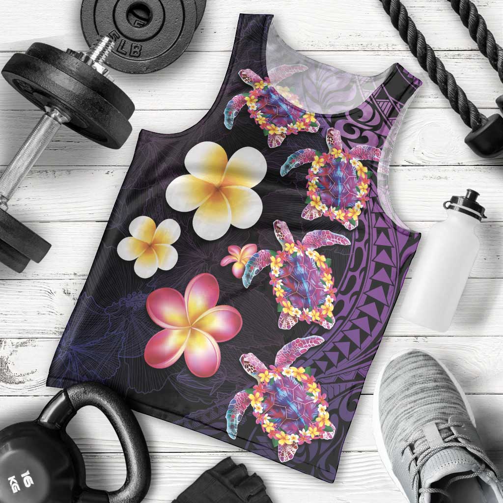 Hawaiian Turtles and Plumeria Men Tank Top Polynesian Art Tribal Tattoo Deep Violet Color