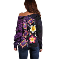 Hawaiian Turtles and Plumeria Off Shoulder Sweater Polynesian Art Tribal Tattoo Deep Violet Color
