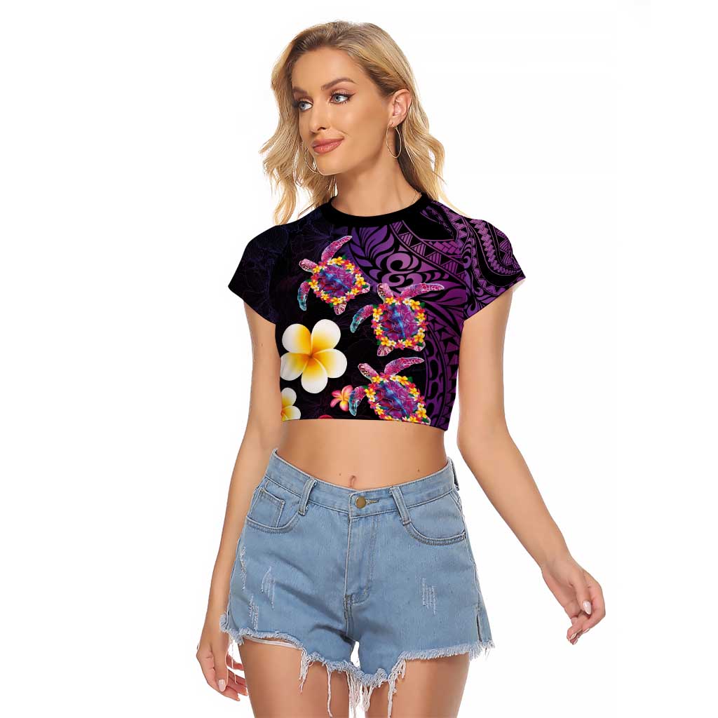 Hawaiian Turtles and Plumeria Raglan Cropped T Shirt Polynesian Art Tribal Tattoo Deep Violet Color LT03 Female Purple - Polynesian Pride