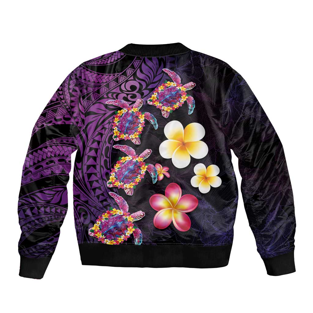 Hawaiian Turtles and Plumeria Sleeve Zip Bomber Jacket Polynesian Art Tribal Tattoo Deep Violet Color