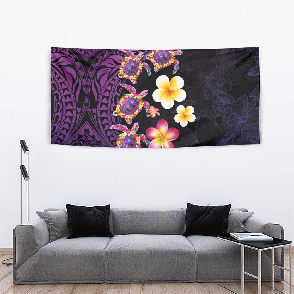 Hawaiian Turtles and Plumeria Tapestry Polynesian Art Tribal Tattoo Deep Violet Color