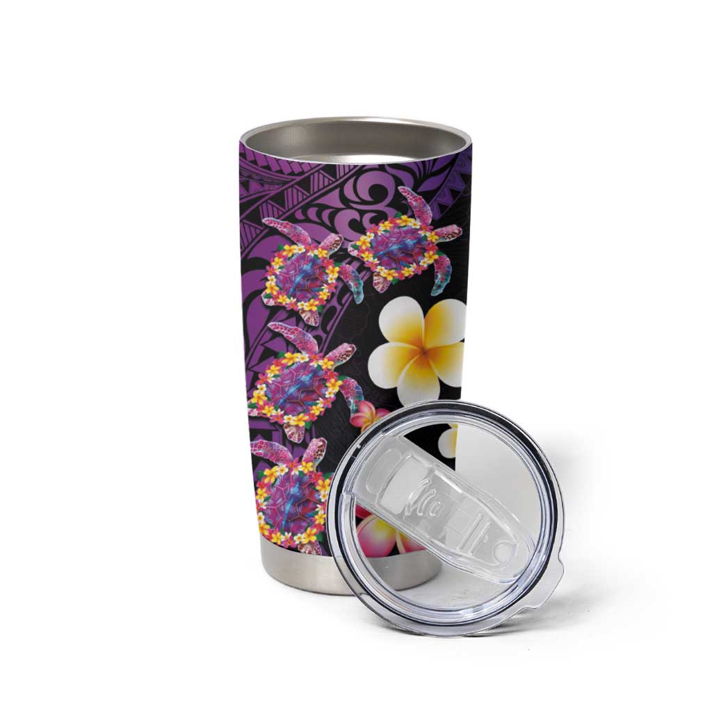 Hawaiian Turtles and Plumeria Tumbler Cup Polynesian Art Tribal Tattoo Deep Violet Color