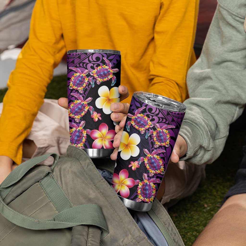 Hawaiian Turtles and Plumeria Tumbler Cup Polynesian Art Tribal Tattoo Deep Violet Color