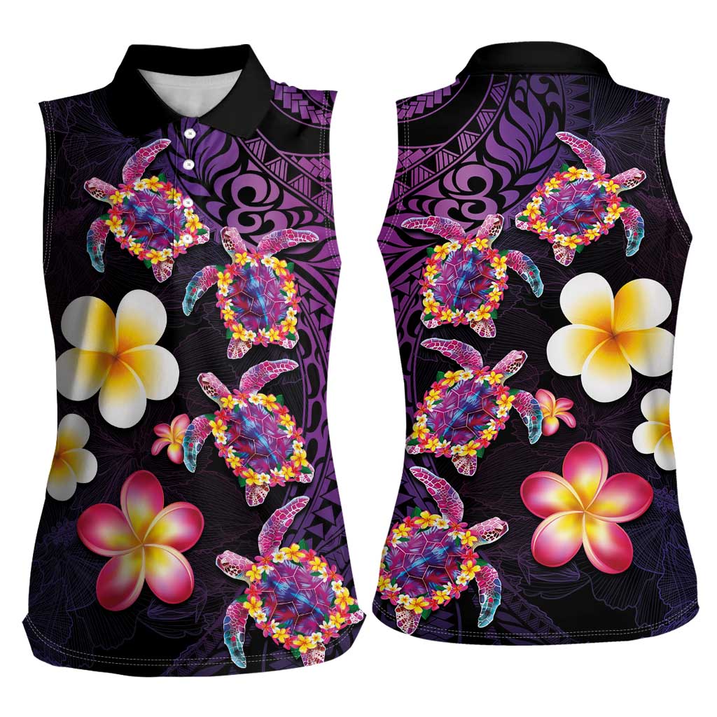 Hawaiian Turtles and Plumeria Women Sleeveless Polo Shirt Polynesian Art Tribal Tattoo Deep Violet Color LT03 - Polynesian Pride