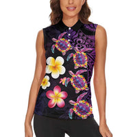 Hawaiian Turtles and Plumeria Women Sleeveless Polo Shirt Polynesian Art Tribal Tattoo Deep Violet Color LT03 - Polynesian Pride