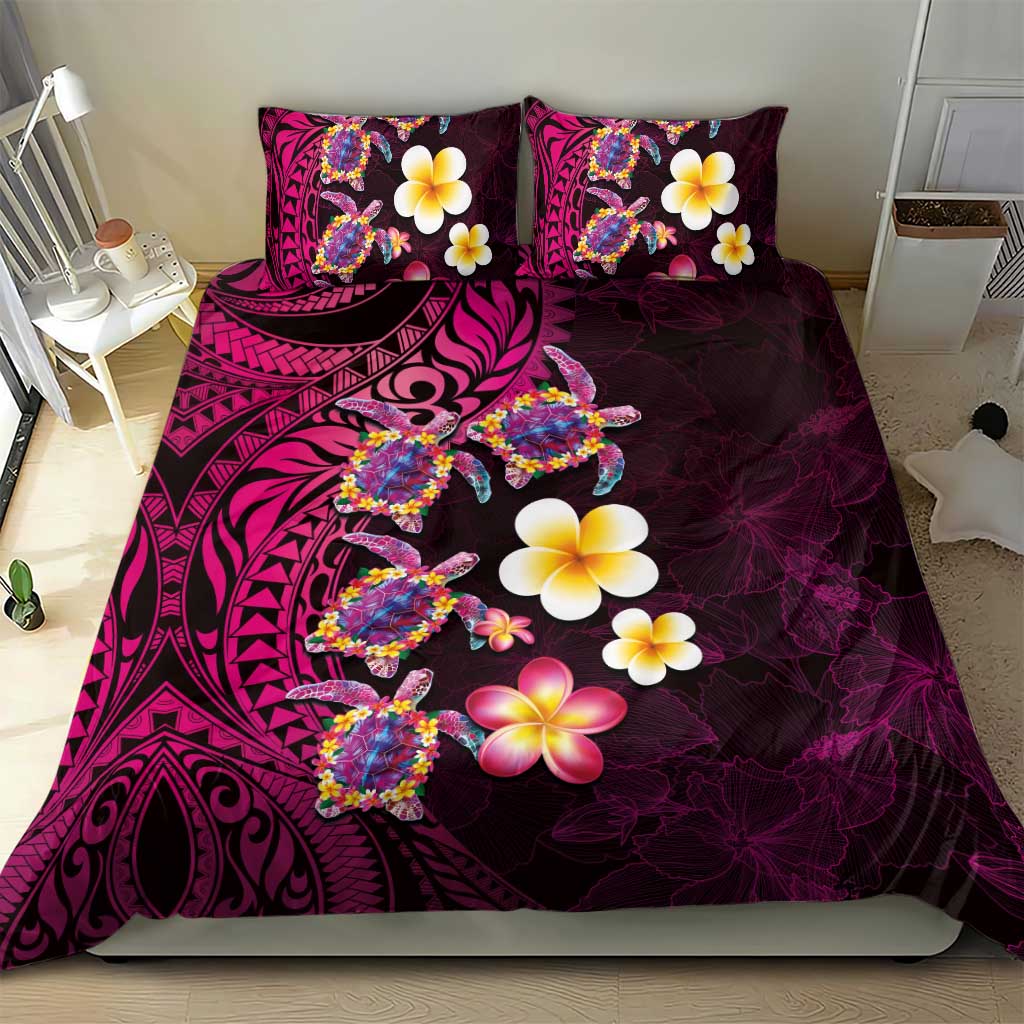 Hawaiian Turtles and Plumeria Bedding Set Polynesian Art Tribal Tattoo Cerise
