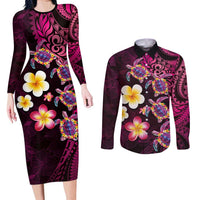 Hawaiian Turtles and Plumeria Couples Matching Long Sleeve Bodycon Dress and Long Sleeve Button Shirt Polynesian Art Tribal Tattoo Cerise LT03 Pink - Polynesian Pride