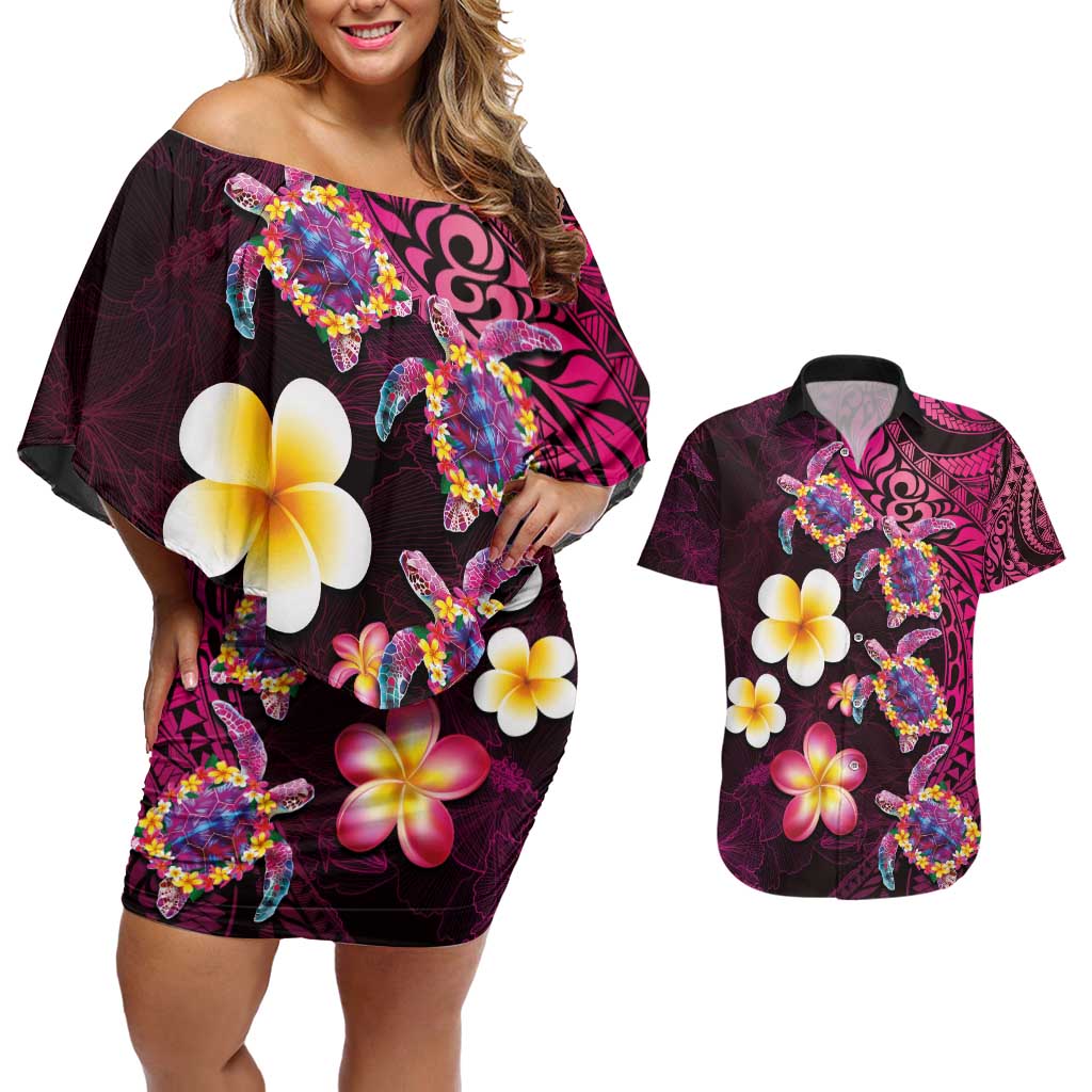 Hawaiian Turtles and Plumeria Couples Matching Off Shoulder Short Dress and Hawaiian Shirt Polynesian Art Tribal Tattoo Cerise LT03 Pink - Polynesian Pride
