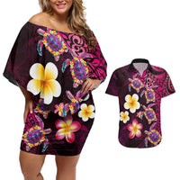 Hawaiian Turtles and Plumeria Couples Matching Off Shoulder Short Dress and Hawaiian Shirt Polynesian Art Tribal Tattoo Cerise LT03 Pink - Polynesian Pride