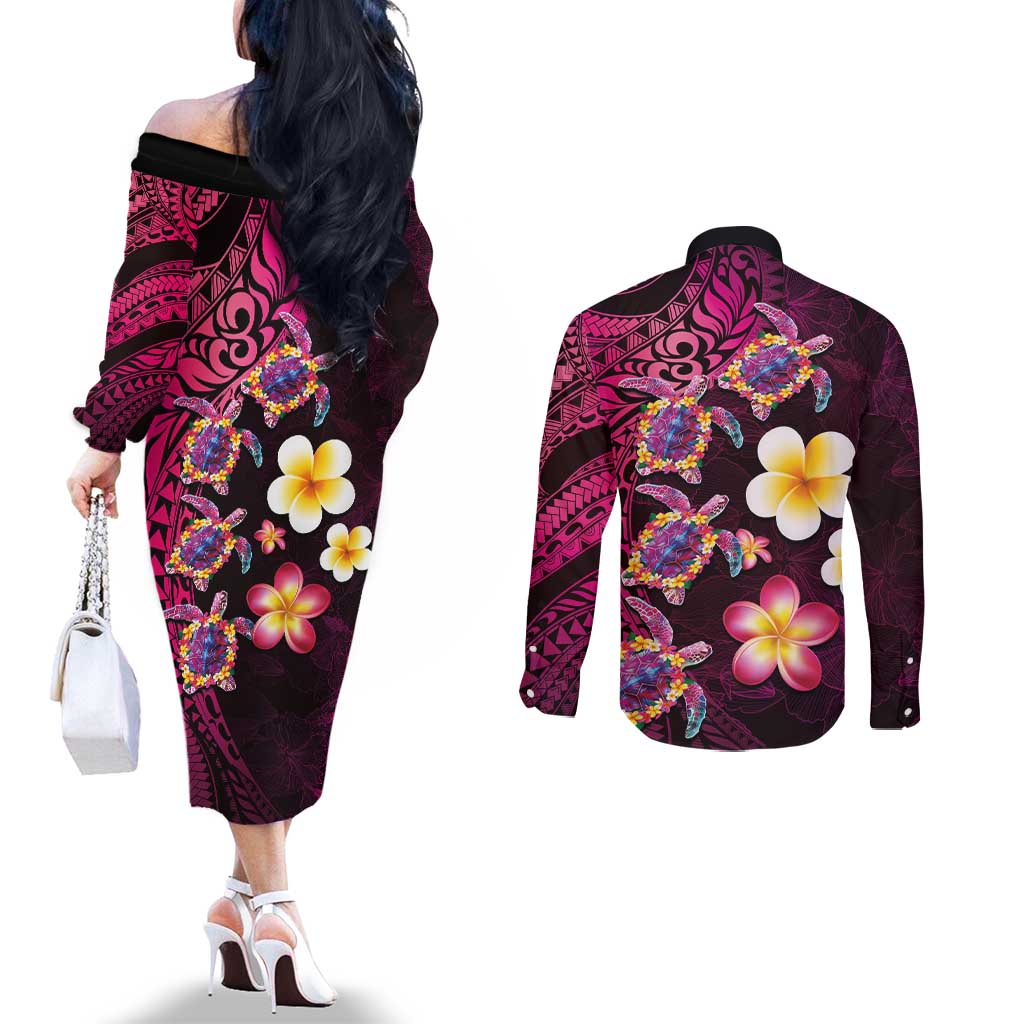 Hawaiian Turtles and Plumeria Couples Matching Off The Shoulder Long Sleeve Dress and Long Sleeve Button Shirt Polynesian Art Tribal Tattoo Cerise LT03 - Polynesian Pride